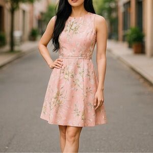 New Adrianna Papell Floral Pink Jacquard Fit & Flare Dress Pleated Size 12